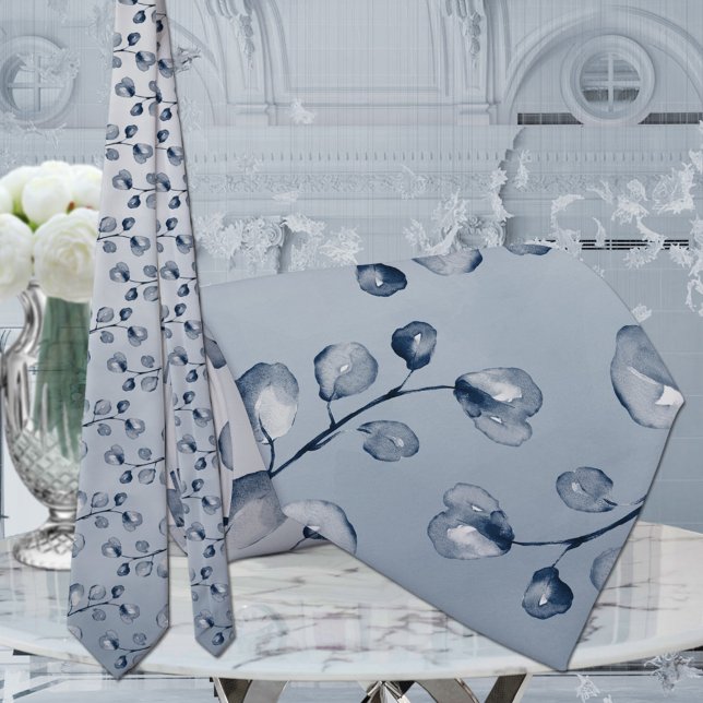 Navy & Dusty Blue Eucalyptus Elegant Wedding Neck Tie (Creator Uploaded)