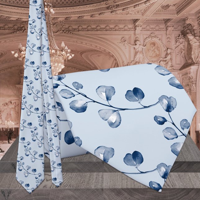 Navy & Dusty Blue Eucalyptus Elegant Wedding Neck Tie (Creator Uploaded)