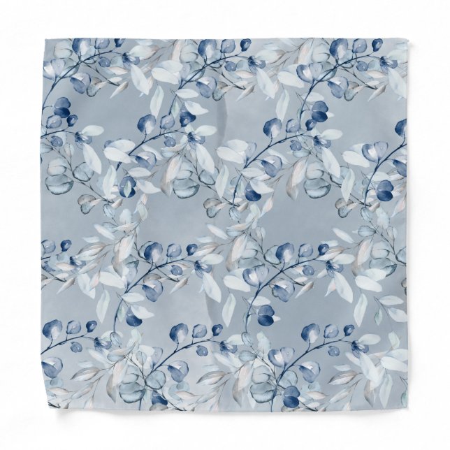 Navy Dusty Blue Eucalyptus Greenery Pocket Square Bandana (Front)
