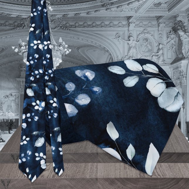 Navy & Dusty Blue Eucalyptus Greenery Wedding Neck Tie (Creator Uploaded)