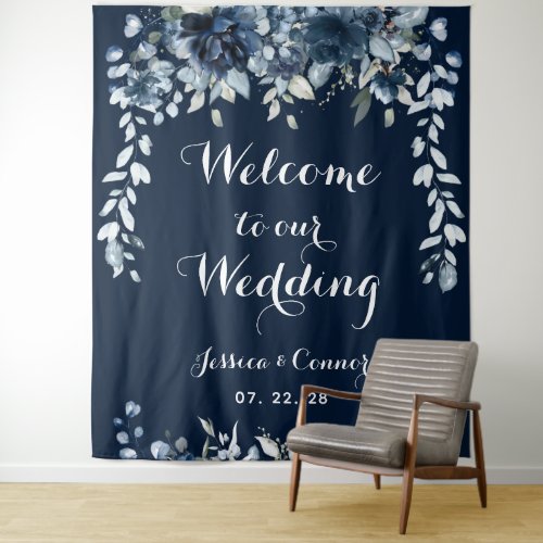 Navy Dusty Blue Eucalyptus Welcome To Our Wedding Tapestry
