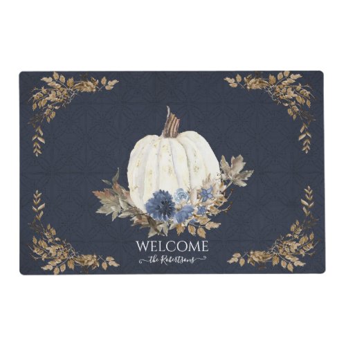 Navy Dusty Blue Fall White Pumpkin Brown Foliage Placemat