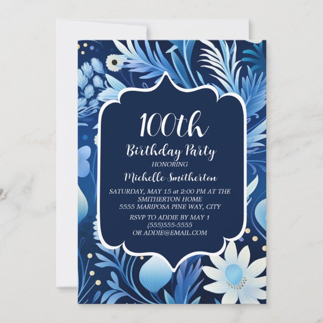 Navy Dusty Blue Floral 100th Birthday Invitation (Front)
