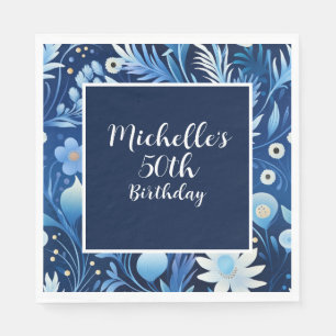 Navy Dusty Blue Floral 50th Birthday Napkins