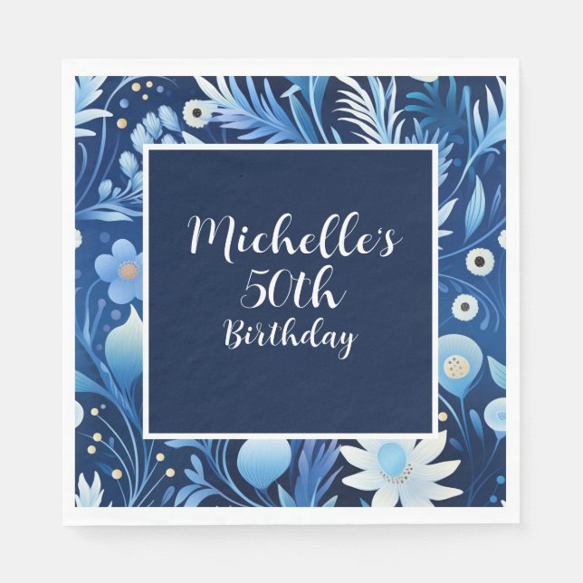 Navy Dusty Blue Floral 50th Birthday Napkins (Front)