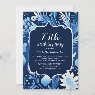 Navy Dusty Blue Floral 75th Birthday Invitation