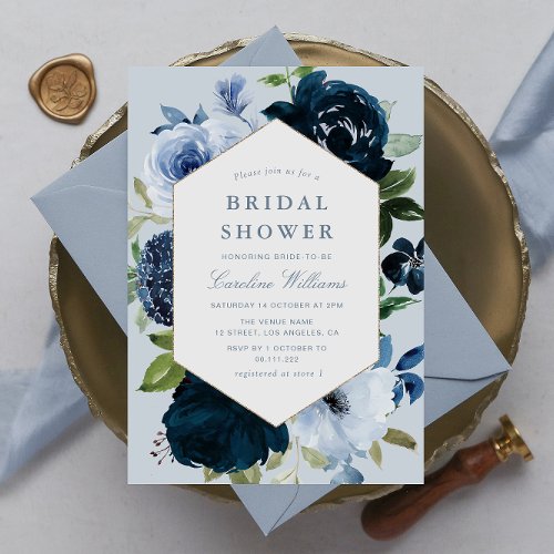 navy  dusty blue floral bridal shower invitation