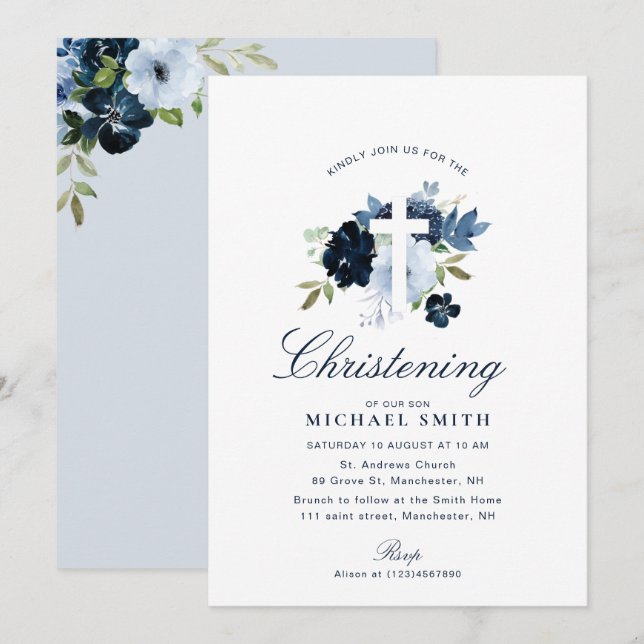 navy & dusty blue floral christening invitation (Front/Back)