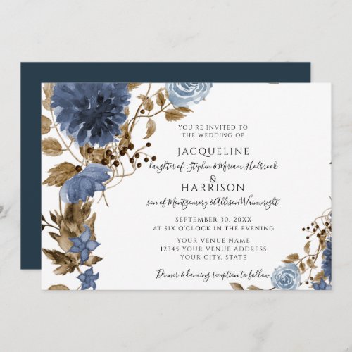 Navy Dusty Blue Floral Earthy Foliage Wedding Invitation