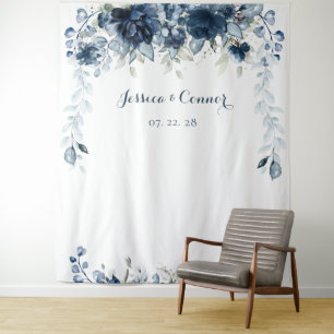Navy Dusty Blue Floral Eucalyptus Greenery Wedding Tapestry