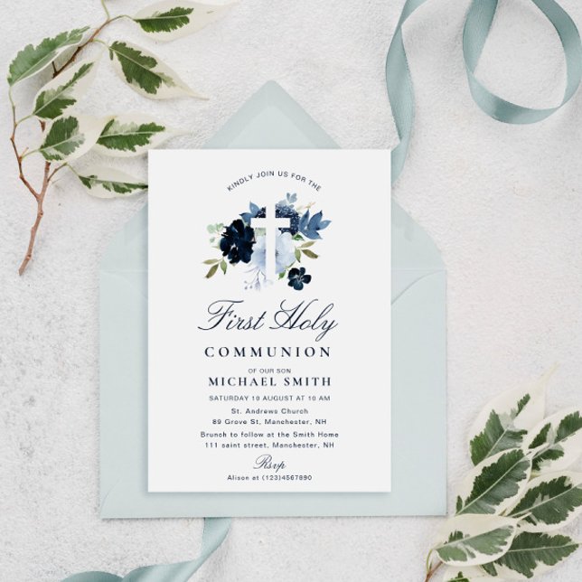 navy & dusty blue floral first communion invitation (Creator Uploaded)