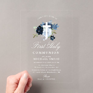 Navy & dusty blue floral first holy communion acrylic invitations