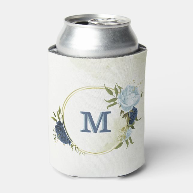 navy dusty blue floral greenery  can cooler (Can Front)