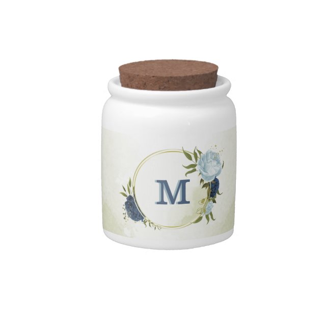 navy dusty blue floral greenery  candy jar (Front)