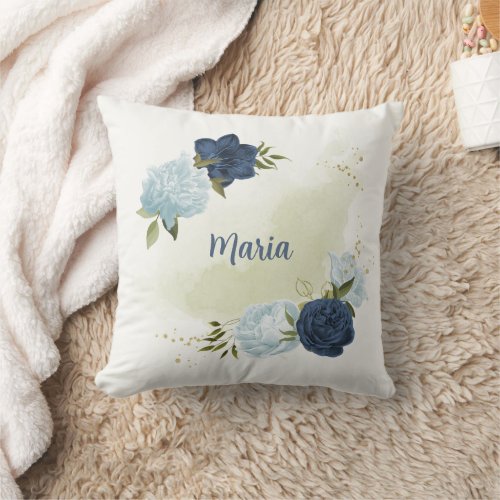 navy dusty blue floral greenery  throw pillow