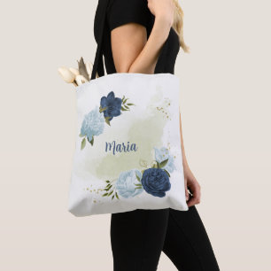 navy dusty blue floral greenery tote bag