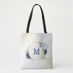 navy dusty blue floral greenery tote bag