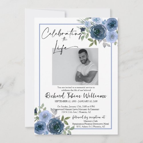 Navy Dusty Blue Floral Memorial Funeral Service Invitation