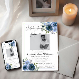 Navy Dusty Blue Floral Memorial Funeral Service Invitation