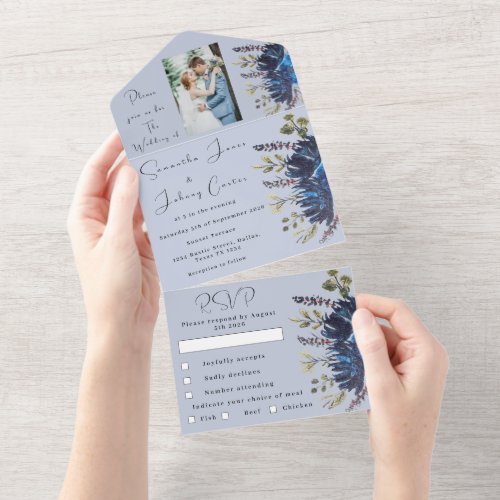 Navy  Dusty Blue Floral Photo Wedding All In One Invitation