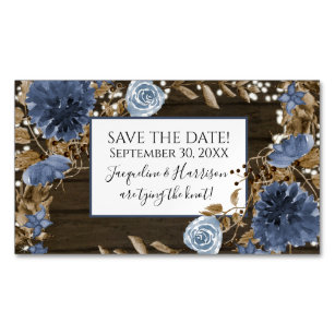 Navy Dusty Blue Floral Rustic Wood Save the Date Business Card Magnet