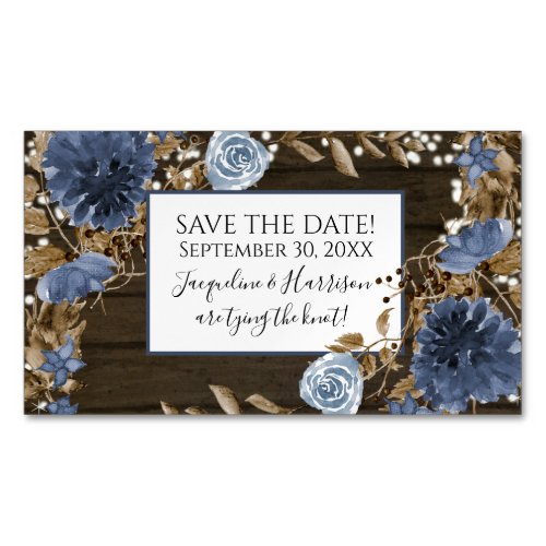 Navy Dusty Blue Floral Rustic Wood Save the Date Business Card Magnet