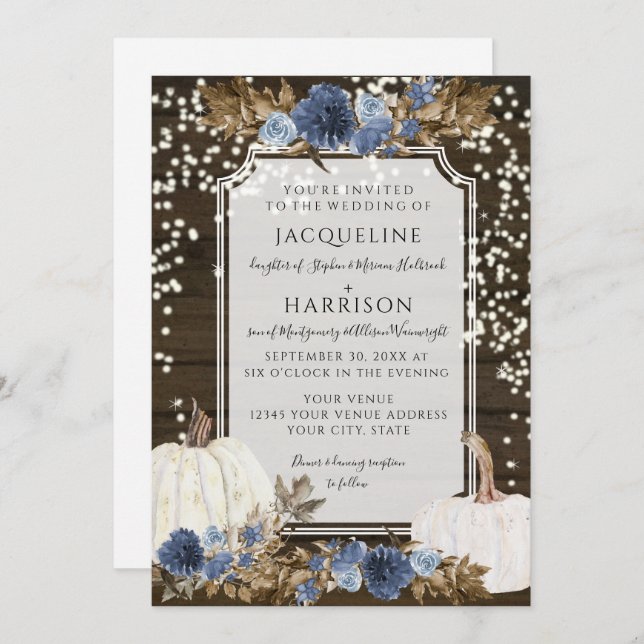 Navy Dusty Blue Floral RusticTwinkle Light Wedding Invitation (Front/Back)