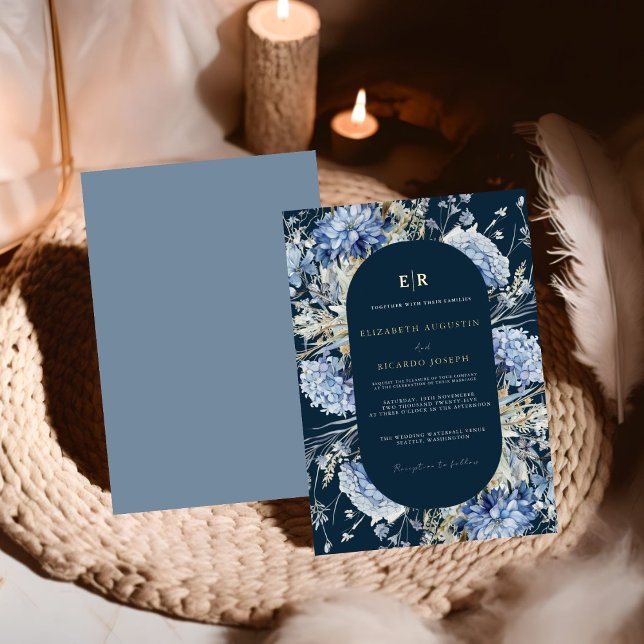 Navy Dusty Blue Floral Spring Bloom Wedding  Foil Invitation (Creator Uploaded)