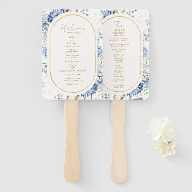 Navy Dusty Blue Floral Spring Bloom Wedding Hand Fan (Front and Back)