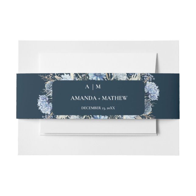 Navy Dusty Blue Floral Spring Bloom Wedding Invitation Belly Band (Front Example)