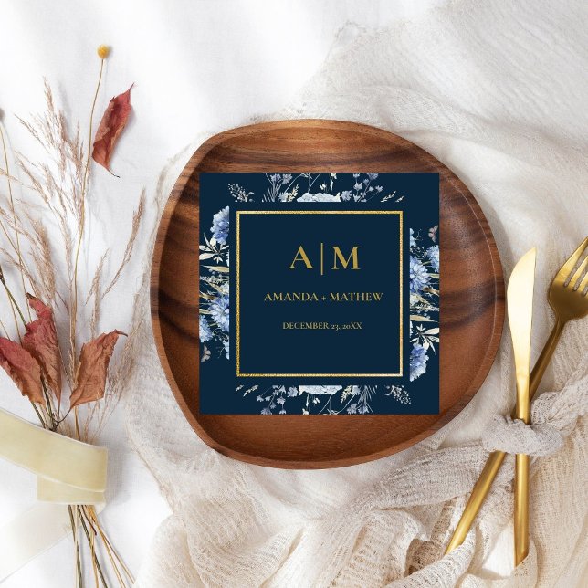 Navy Dusty Blue Floral Spring Bloom Wedding Napkins (Creator Uploaded)