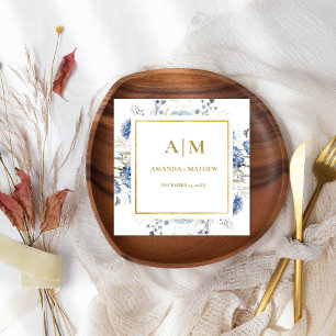 Navy Dusty Blue Floral Spring Bloom Wedding Napkins