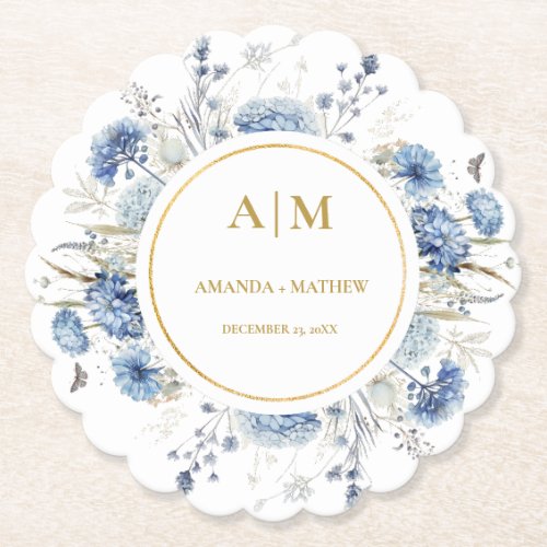 Navy Dusty Blue Floral Spring Bloom Wedding Paper Coaster