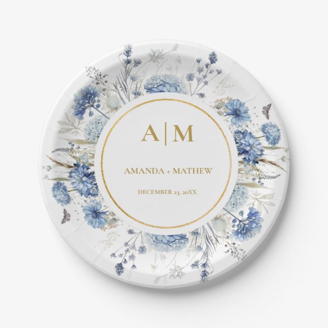 Navy Dusty Blue Floral Spring Bloom Wedding Paper Plates (Front)
