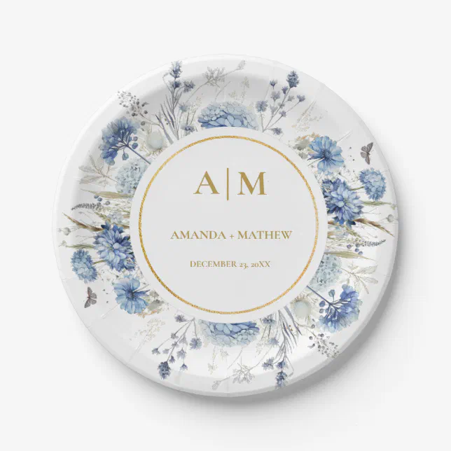 Navy Dusty Blue Floral Spring Bloom Wedding Paper Plates | Zazzle