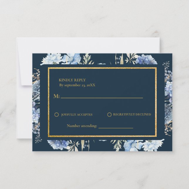 Navy Dusty Blue Floral  Spring Bloom Wedding  RSVP (Front)