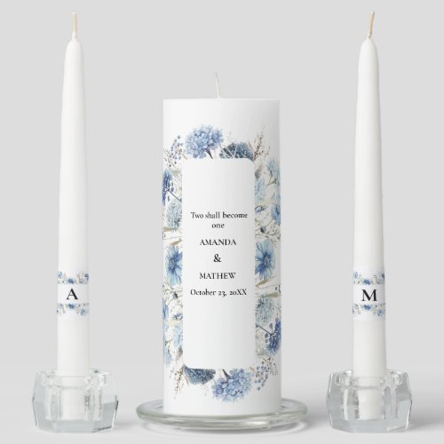 Navy Dusty Blue Floral Spring Bloom Wedding  Unity Candle Set