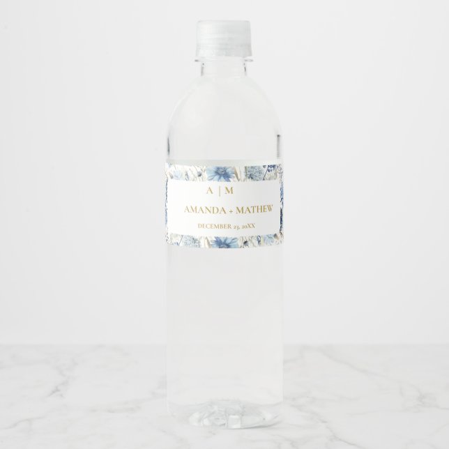 Navy Dusty Blue Floral Spring Bloom Wedding Water Bottle Label (Front)
