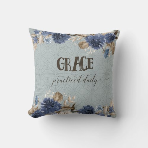 Navy Dusty Blue Floral Watercolor Grace Farmhouse Throw Pillow