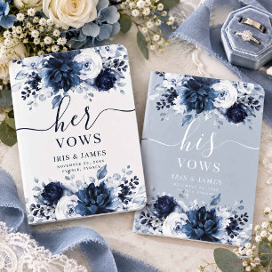 Navy Dusty Blue Floral Wedding His and Hers Real Foil Vow Books