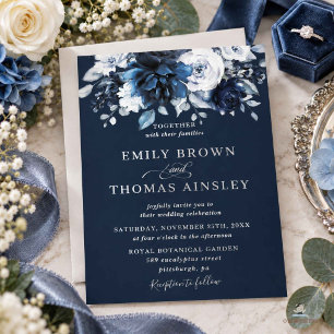 Navy Dusty Blue Floral Wedding  Petite Foil Invitation