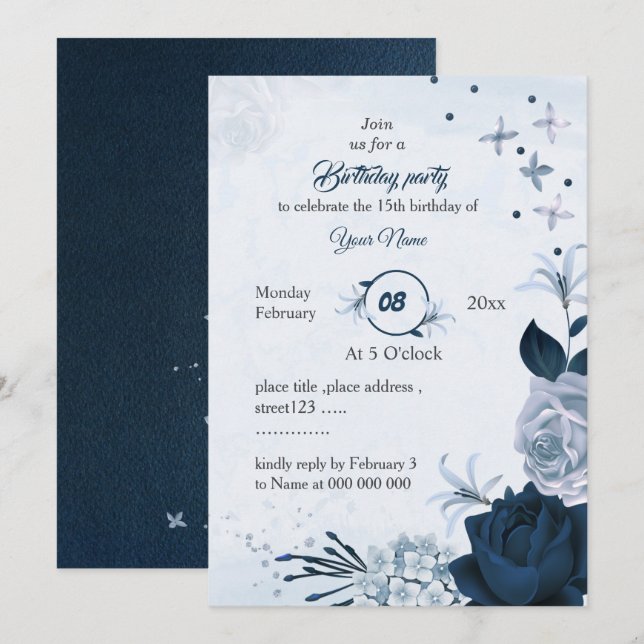 navy &dusty blue flowers birthday  invitation (Front/Back)