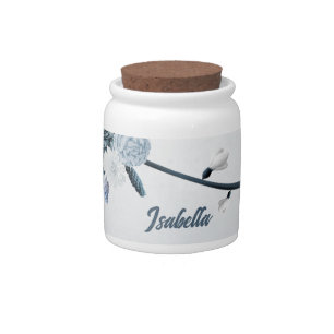 navy dusty blue flowers botanical wedding candy jar
