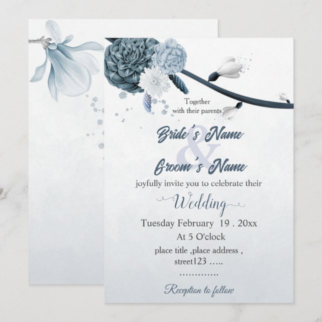 navy dusty blue flowers botanical wedding invitation (Front/Back)
