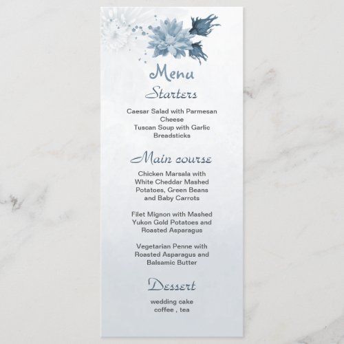 navy dusty blue flowers botanical wedding menu