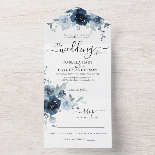 Navy Dusty Blue Flowers Botanical Wedding RSVP All All In One Invitation (Inside)
