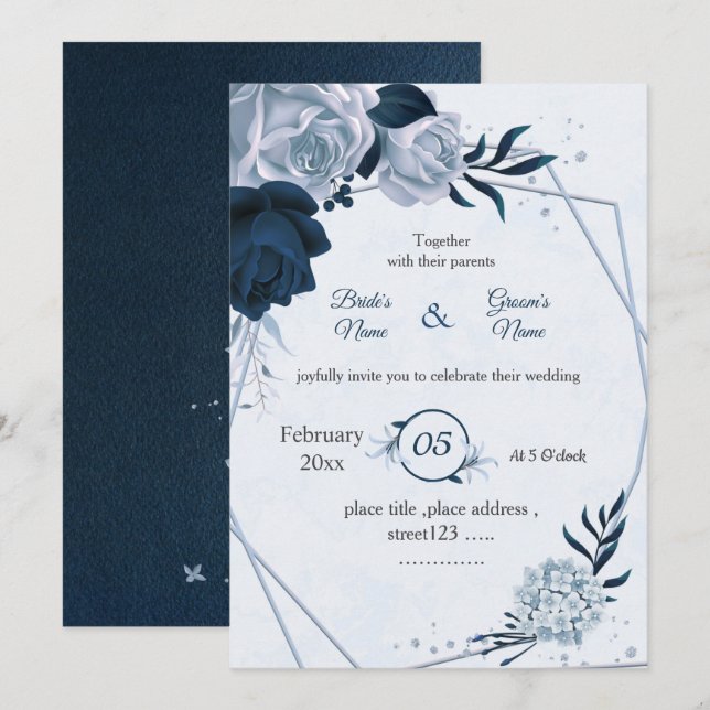 navy & dusty blue flowers geometric wedding invitation (Front/Back)