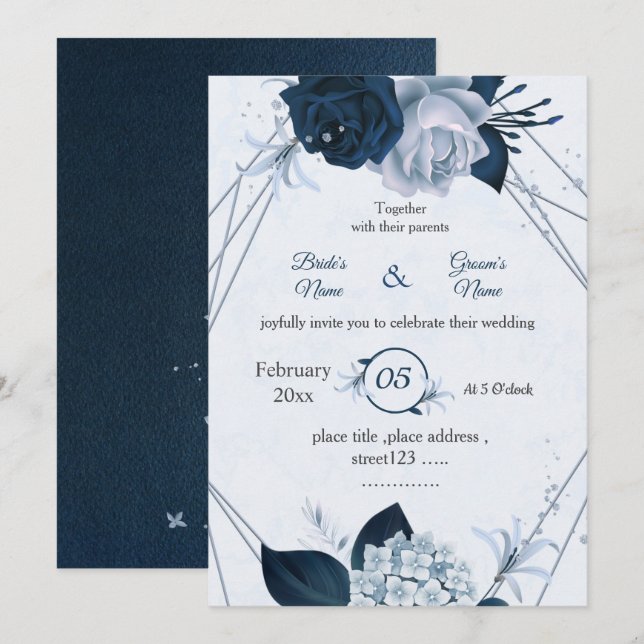 navy & dusty blue flowers geometric wedding invitation (Front/Back)