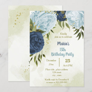 navy dusty blue flowers green leaves birthday invitation