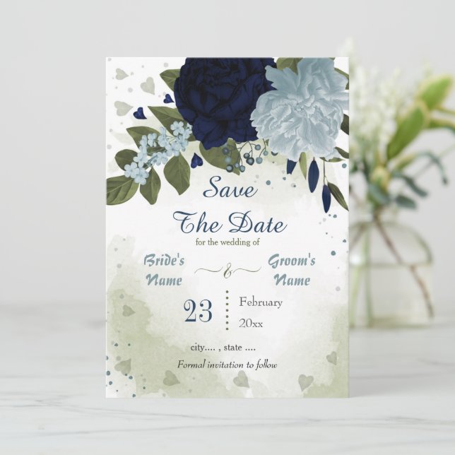 navy & dusty blue flowers green leaves botanical save the date (Standing Front)